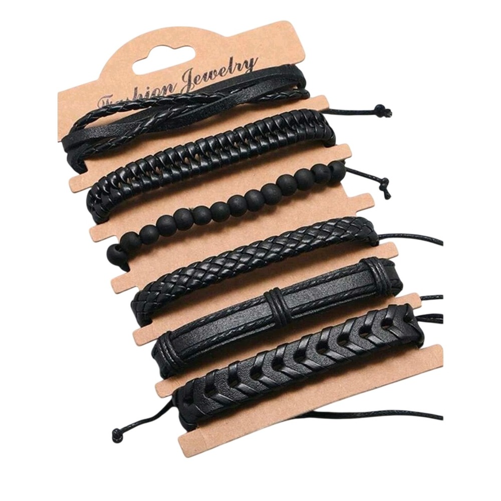 Mens Leather Bracelet Set Braided Beaded‎ Cuff Wrap Style Black